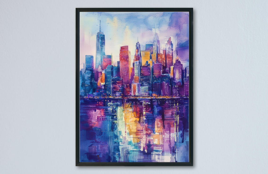 Manhattan Skyline Sunset Purple Glow Reflection Watercolor Poster
