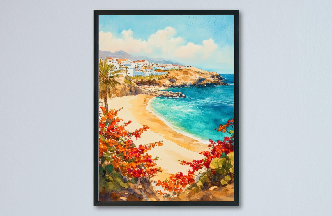 Fuerteventura Spain Beach Cove Watercolor Travel Island Scene Poster