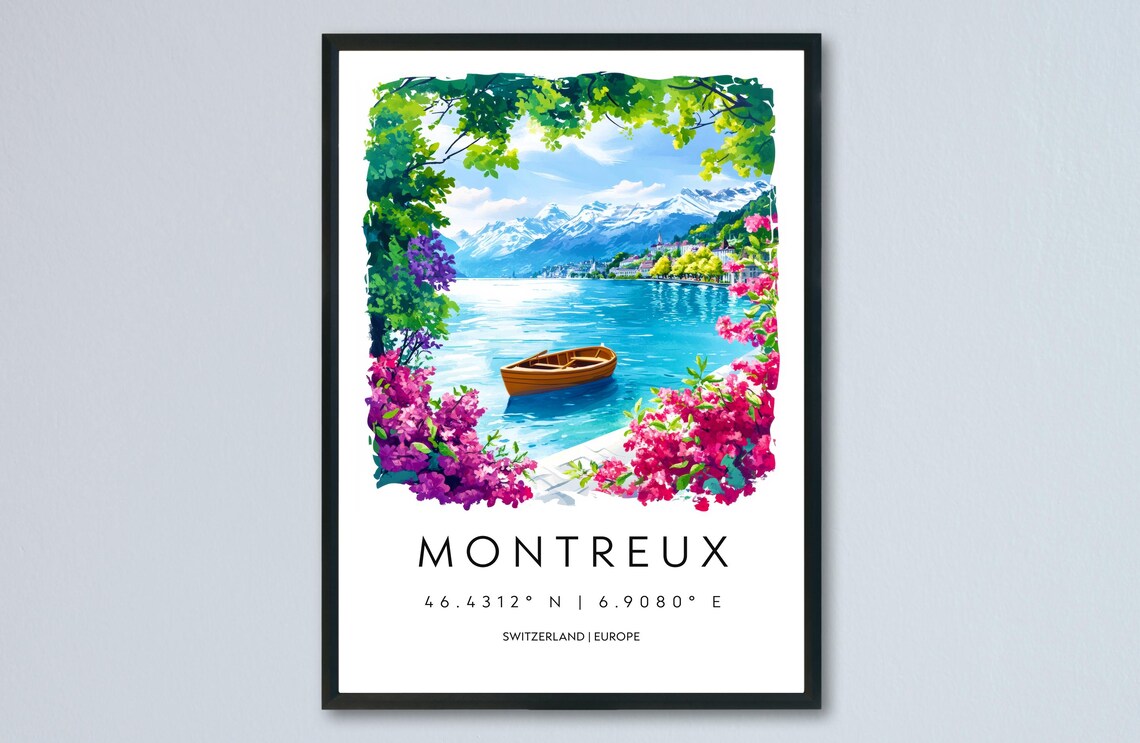 Montreux Switzerland Lakeside Boat Flower Watercolor Travel Poster