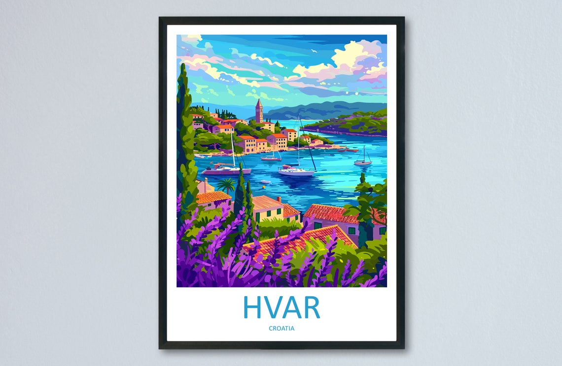 Hvar Croatia Island Harbor Lavender Foreground Travel Art Poster