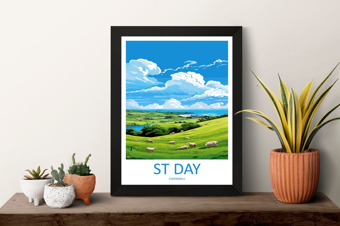 St Day Cornwall Sheep Grazing Hillside Travel Poster Green View - Image 3