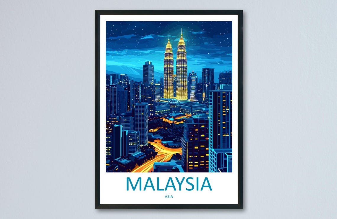 Malaysia Night Skyline Petronas Twin Towers City Lights Travel Poster