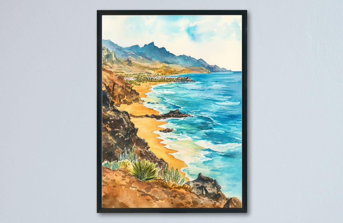 Golden Beach Volcanic Cliffs Turquoise Waves Watercolor Coast Poster