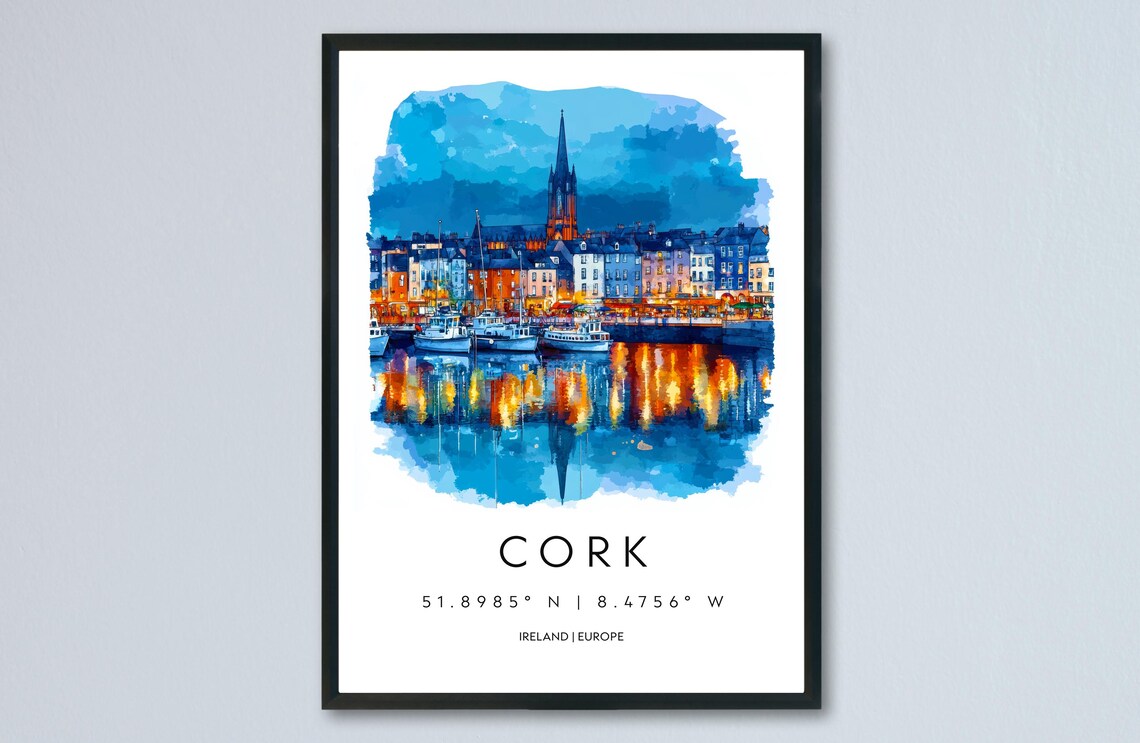 Cork Night Harbor Lights Ireland Scenic Watercolor Travel Poster