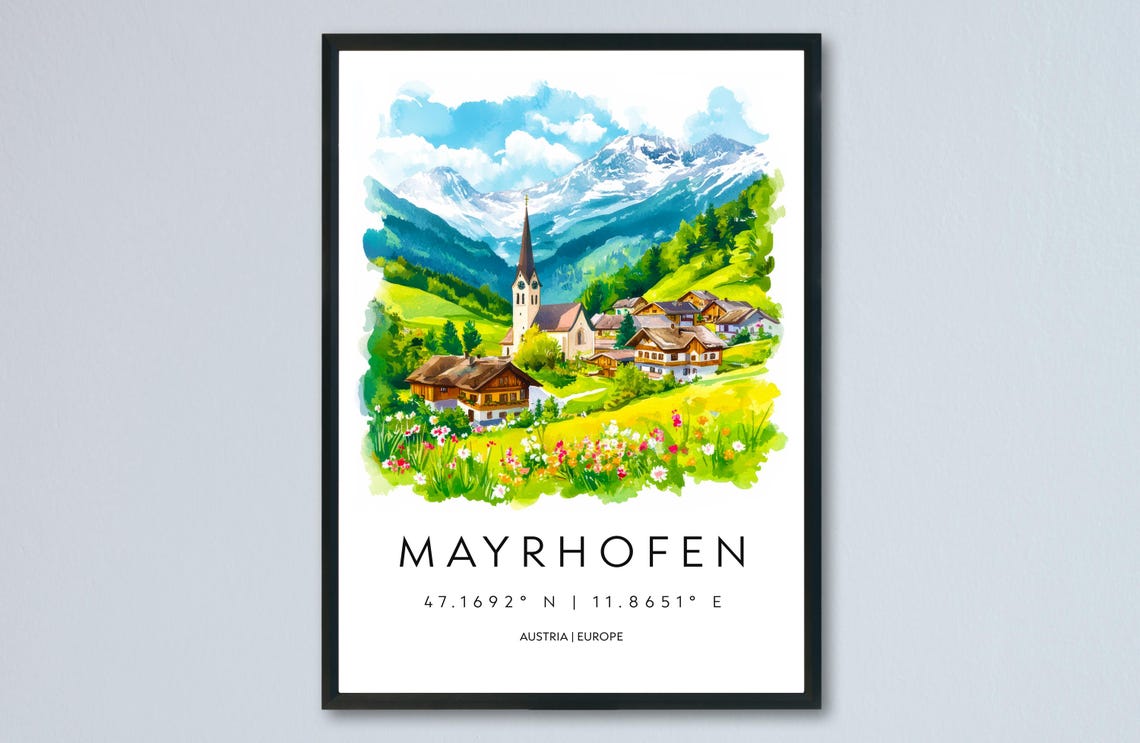 Mayrhofen Austria Alpine Village Wildflower Meadow Watercolor Poster