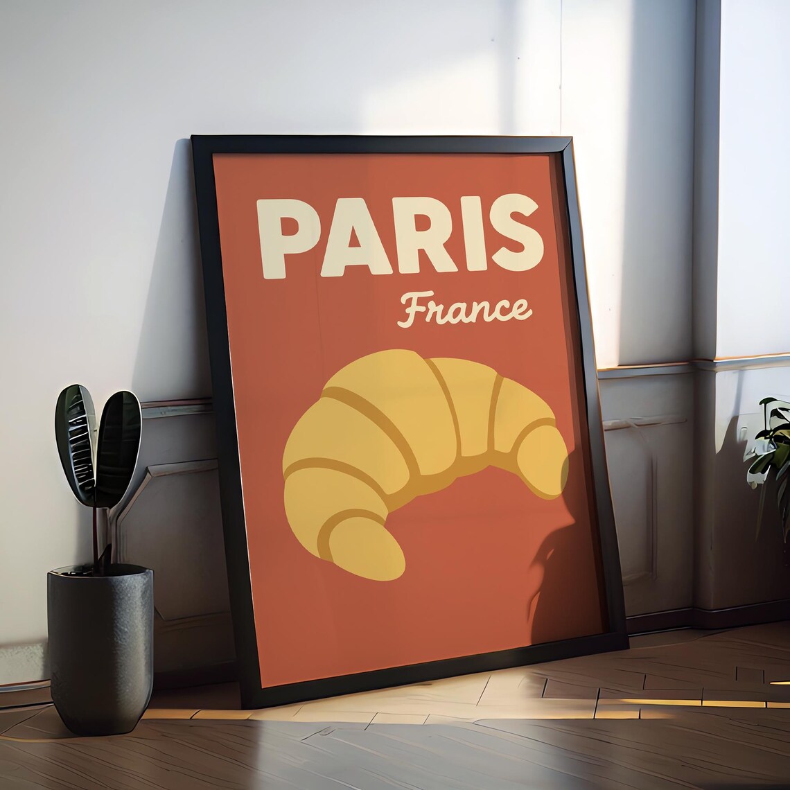 Paris France Golden Croissant Retro Bakery Cafe Vintage Travel Poster