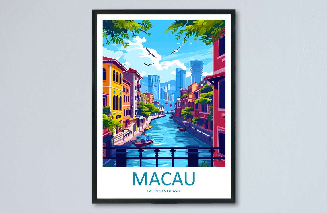 Macau Las Vegas of Asia Travel Poster with Canal Street Scene