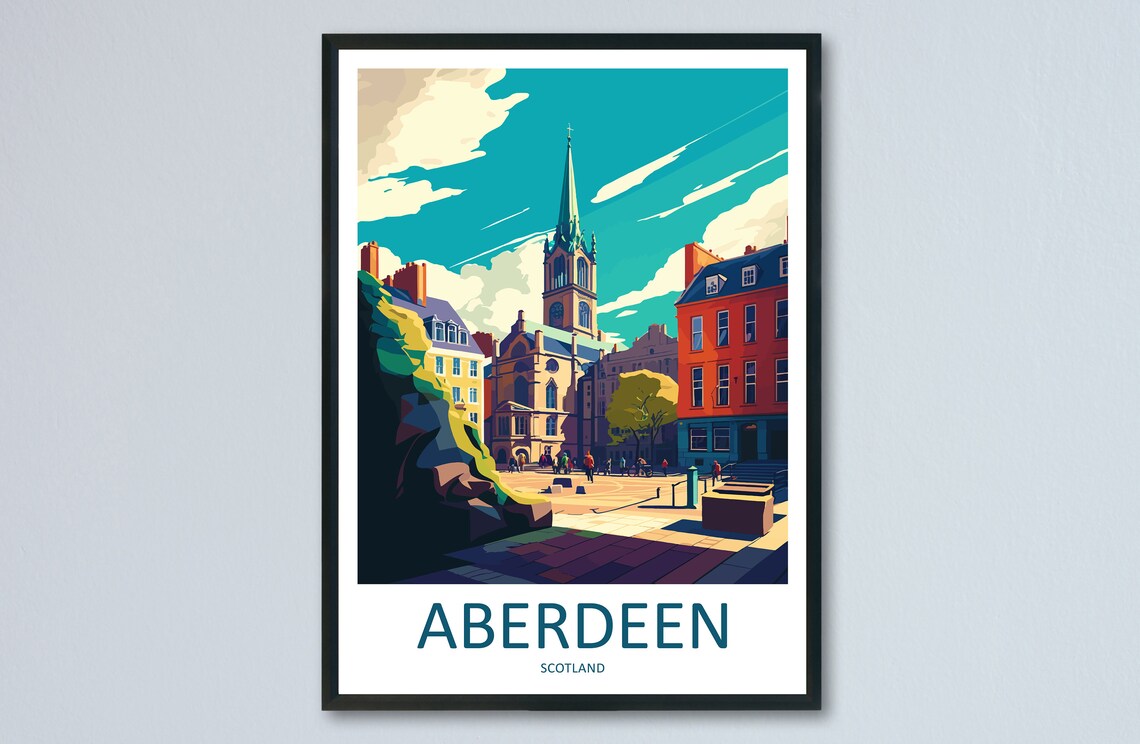 Aberdeen Scotland Historic City Square and Church Spire Poster