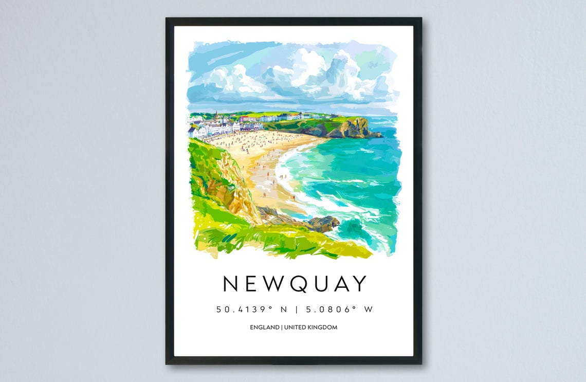 Newquay England Surf Beach Waves Watercolor Coastal Travel Poster