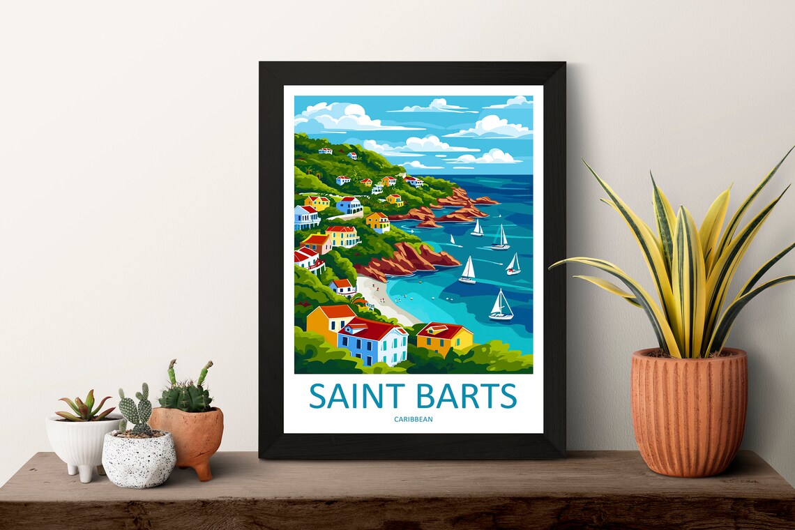 Saint Barts Caribbean Coastal Hills Sailboats Retro Travel Poster - Image 3
