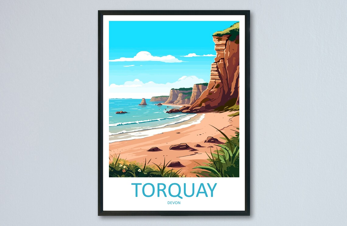 Torquay Cliffs Travel Poster, England Wall Art