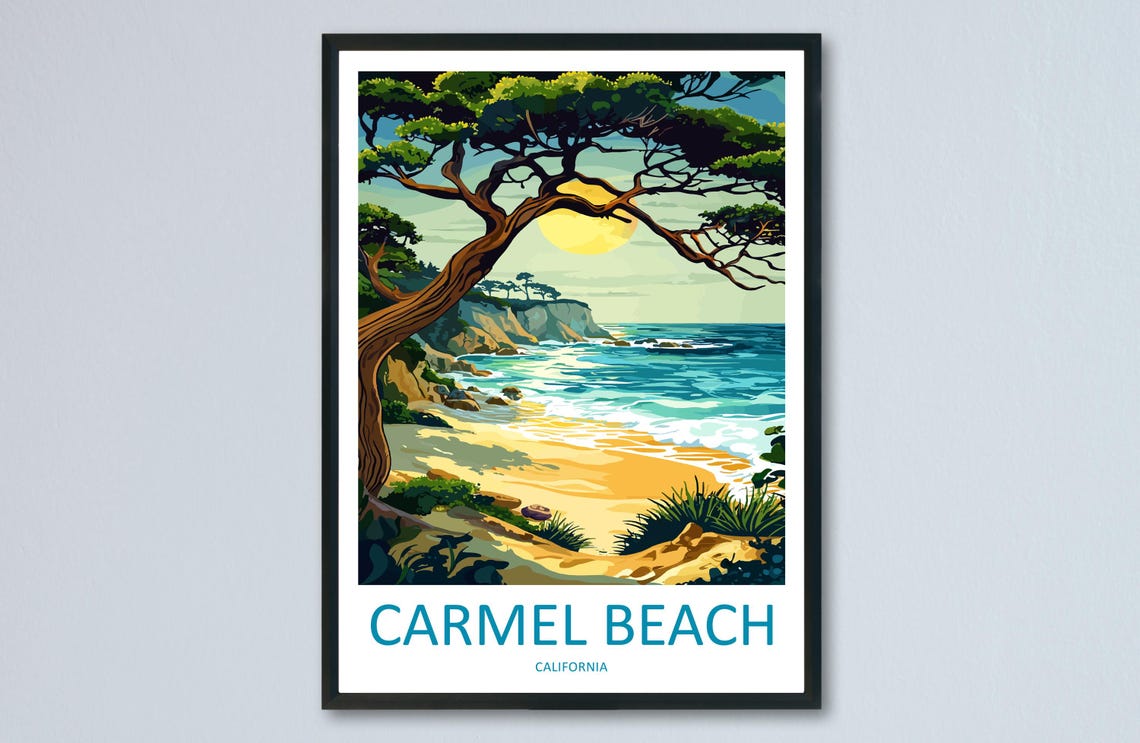 Carmel Beach California Cypress Tree Sunset Coast Travel Poster