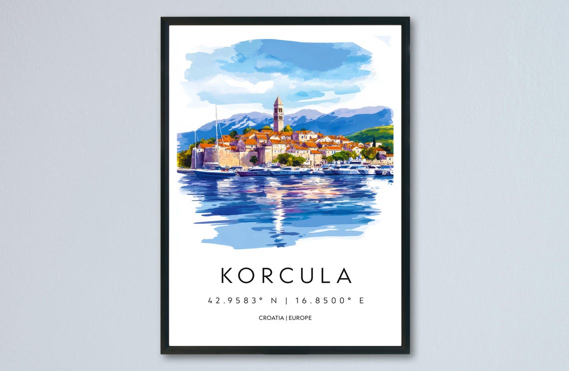 Korcula Croatia Island Harbor Old Town Watercolor Travel Poster