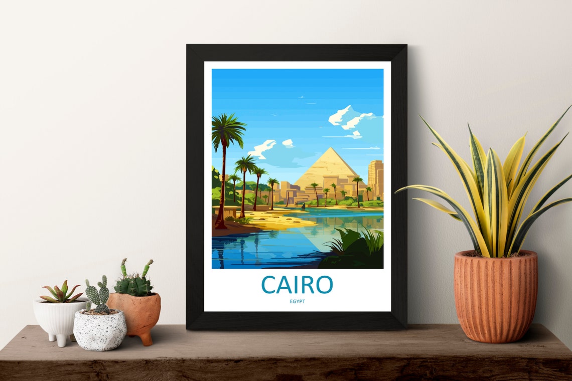 Cairo Egypt Great Pyramid Of Giza Palms Riverside Vintage Poster - Image 3