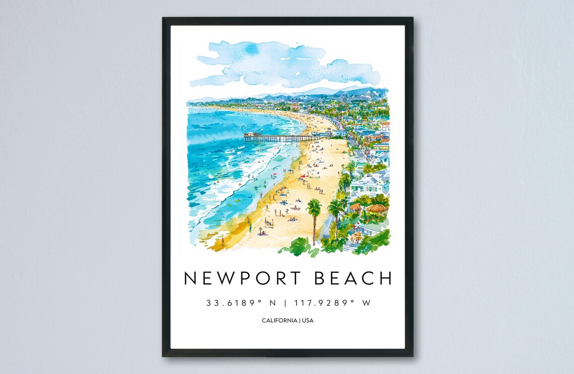 Newport Beach California Pier Surf Sand Watercolor Travel Poster