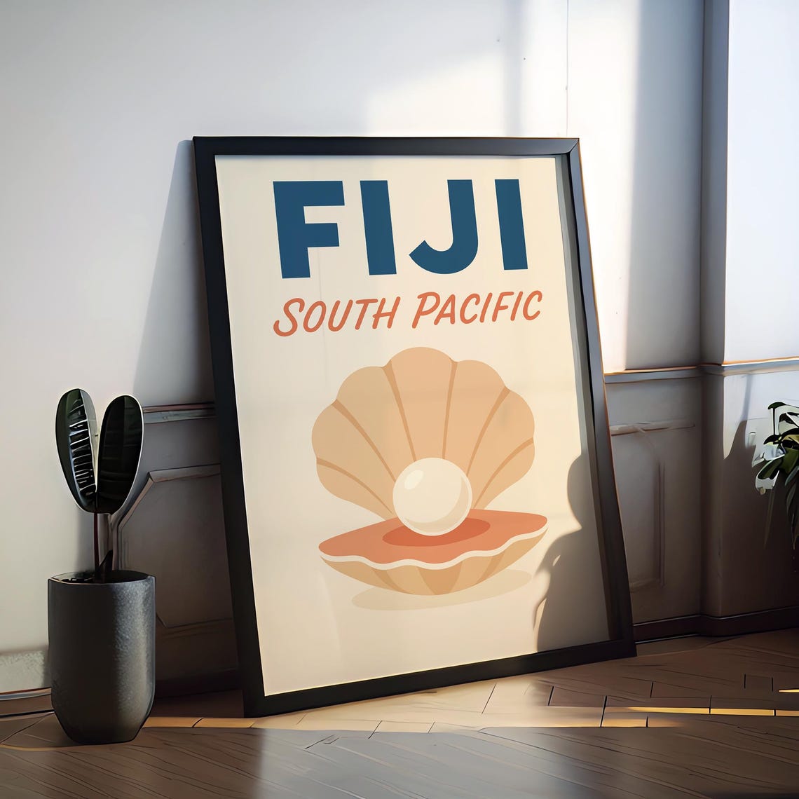 Fiji South Pacific Pearl Seashell Minimalist Retro Beach Travel Poster
