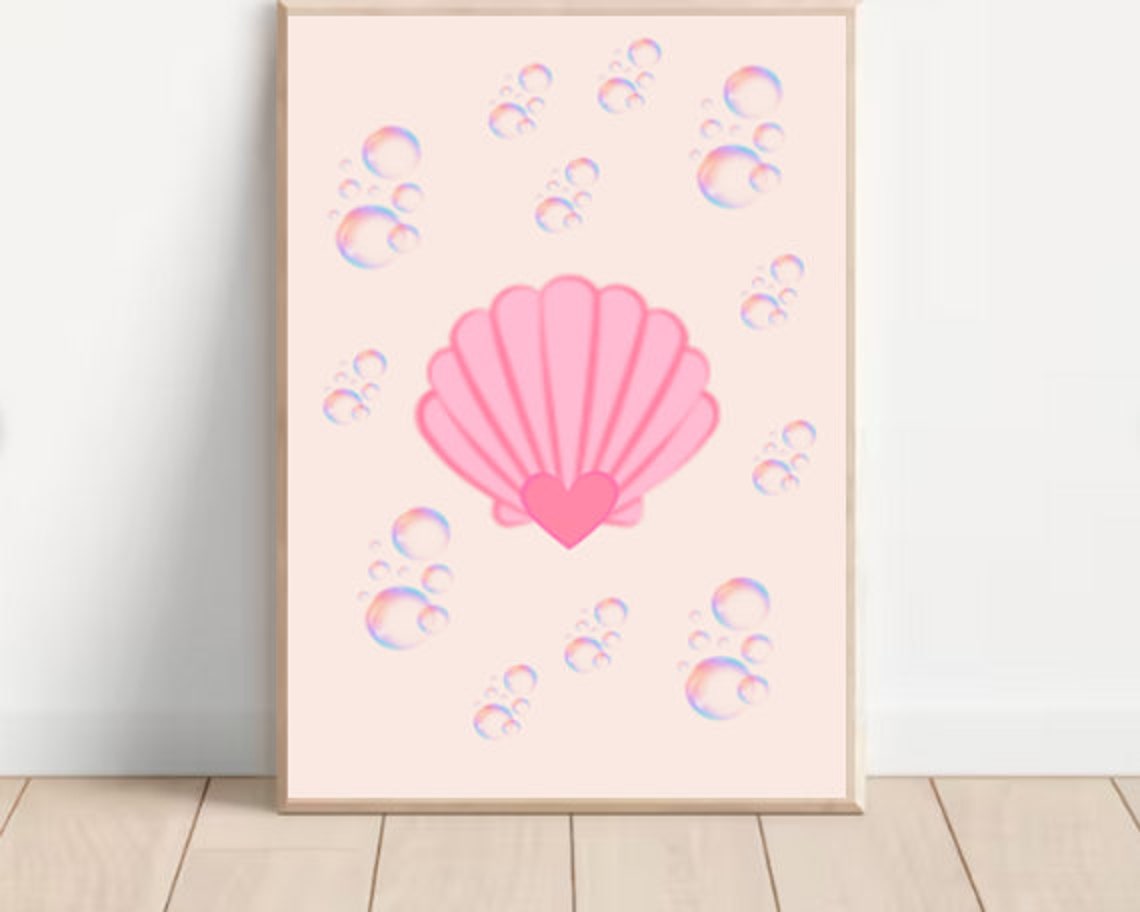 Pink Scallop Shell With Heart Floating Bubbles Nursery Art Poster