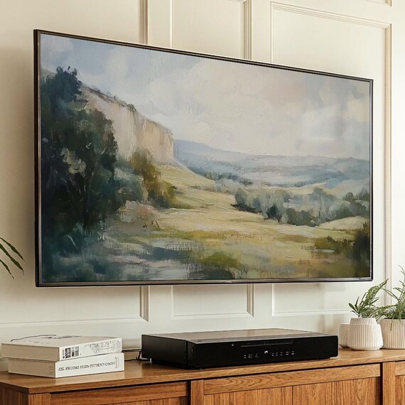 Mountains Landscape Frame Tv Art Moody Vintage Landscape Oil Painting Rustic Neutral Scenery Wallpaper For Frame