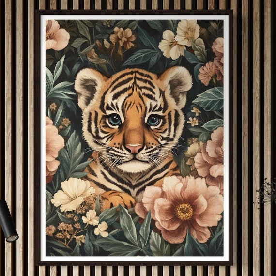 Tiger Cub Art Print Vintage Style Floral Artwork Modern Wildlife Nursery Decor Botanical Illustration Jungle Cute Animal Painting Home Gift