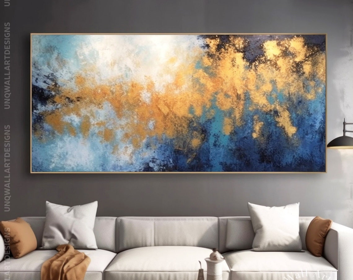 Deep Blue And Gold Cloud Abstract Painting Panoramic Luxury Poster