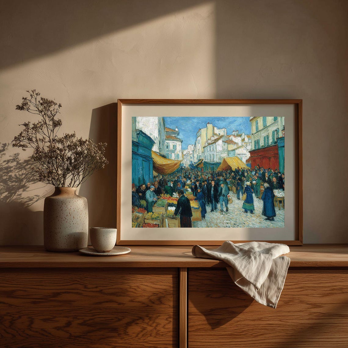 Vintage Paris Street Market Poster Impressionist Crowd Scene Urban Art