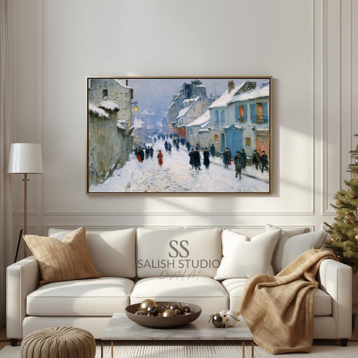 Vintage Snowy Street Scene Print Winter Village Impressionist Art