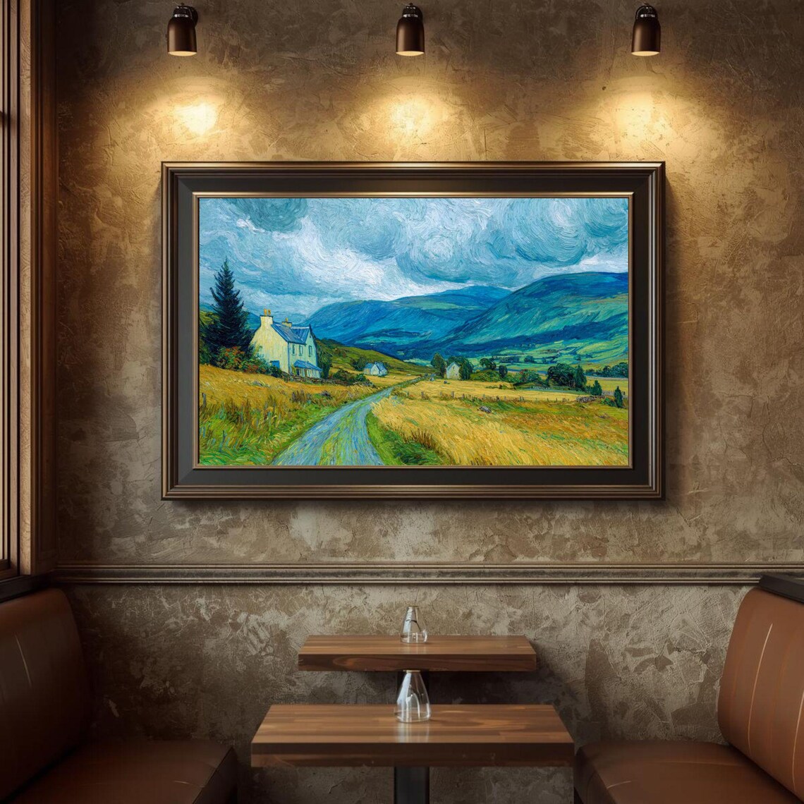 Van Gogh Style Scottish Cottage Country Road Golden Fields Hills Poster
