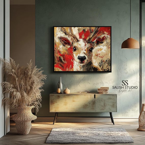 Stag Deer Portrait Red Gold Expressive Wildlife Painting Poster