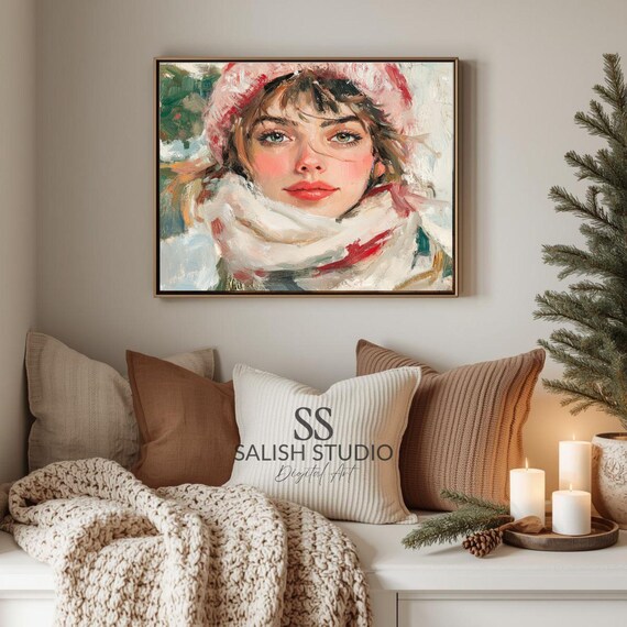 Snowy Winter Girl Pink Hat White Scarf Painterly Portrait Poster