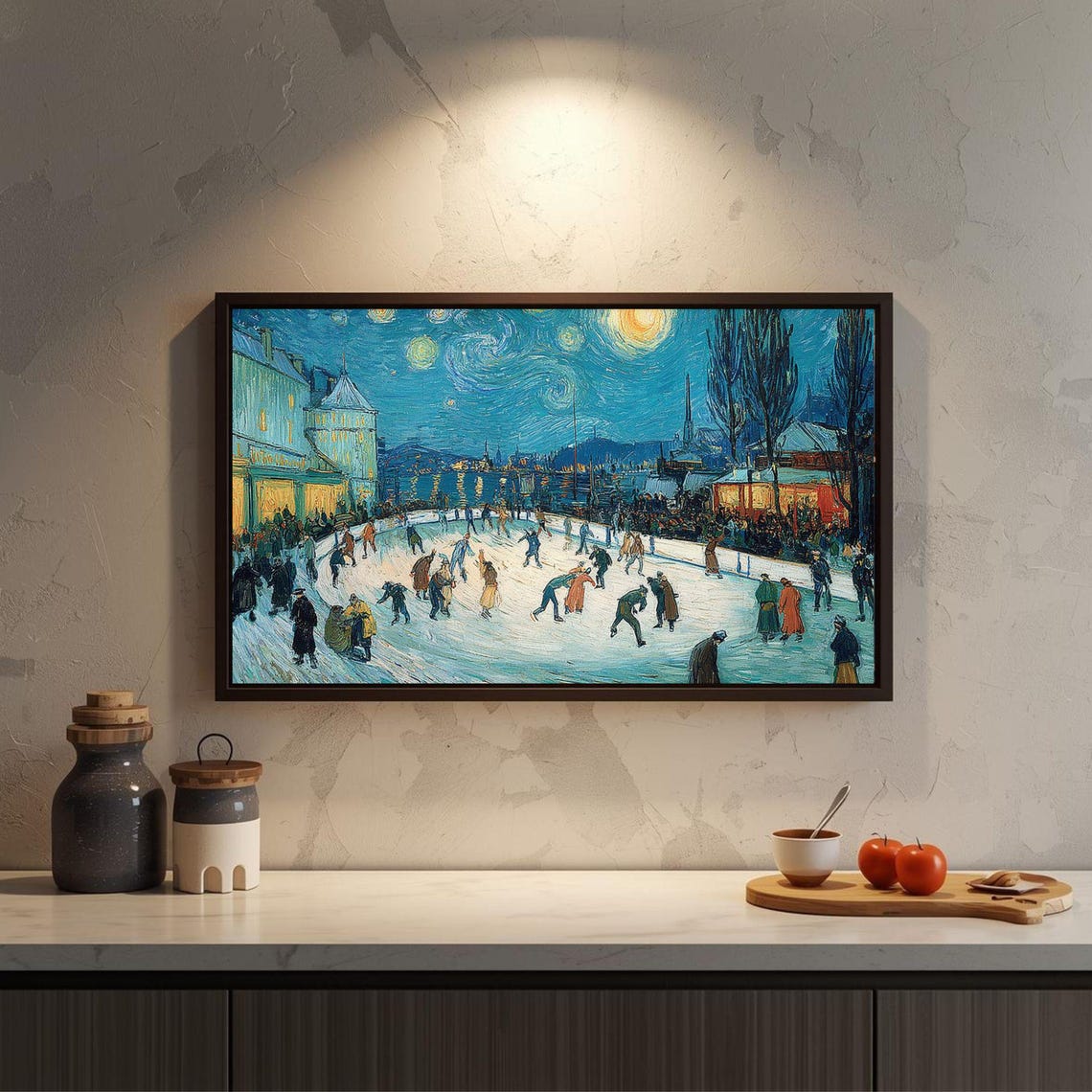 Night Ice Skating Under a Starry Sky Frozen Pond Scene Poster