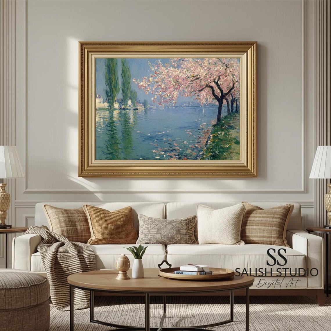 Cherry Blossom Tree Watercolor Print Serene Lakeside Spring Art
