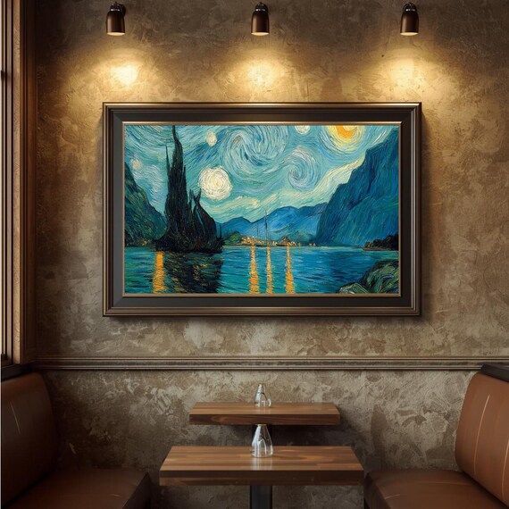 Moonlit Lakescape Art Print Vintage Starry Night Painting