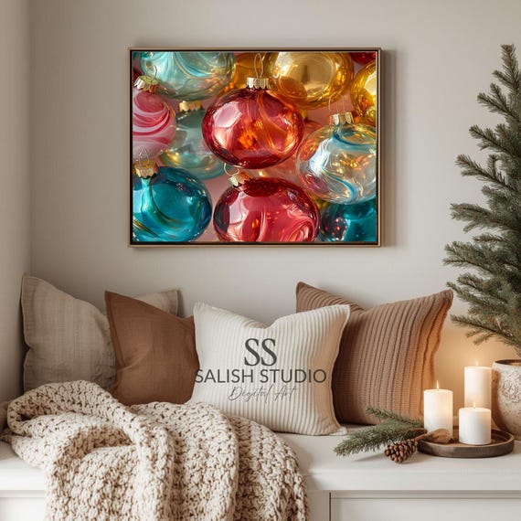 Festive Colorful Glass Christmas Ornaments Still Life Poster