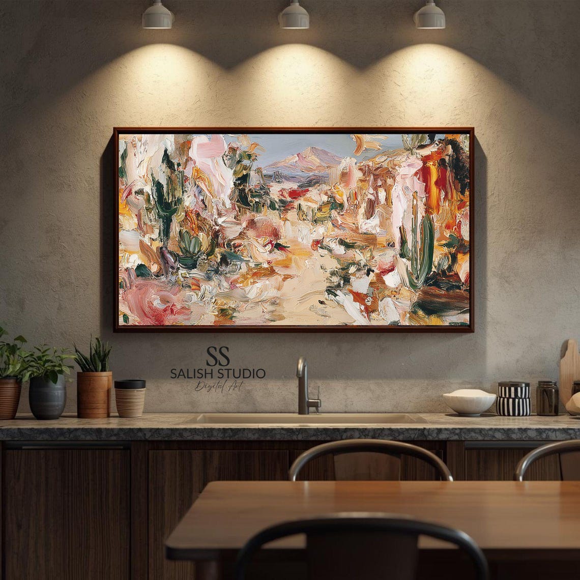 Abstract Desert Landscape Cactus Painting Warm Earthy Impasto Poster