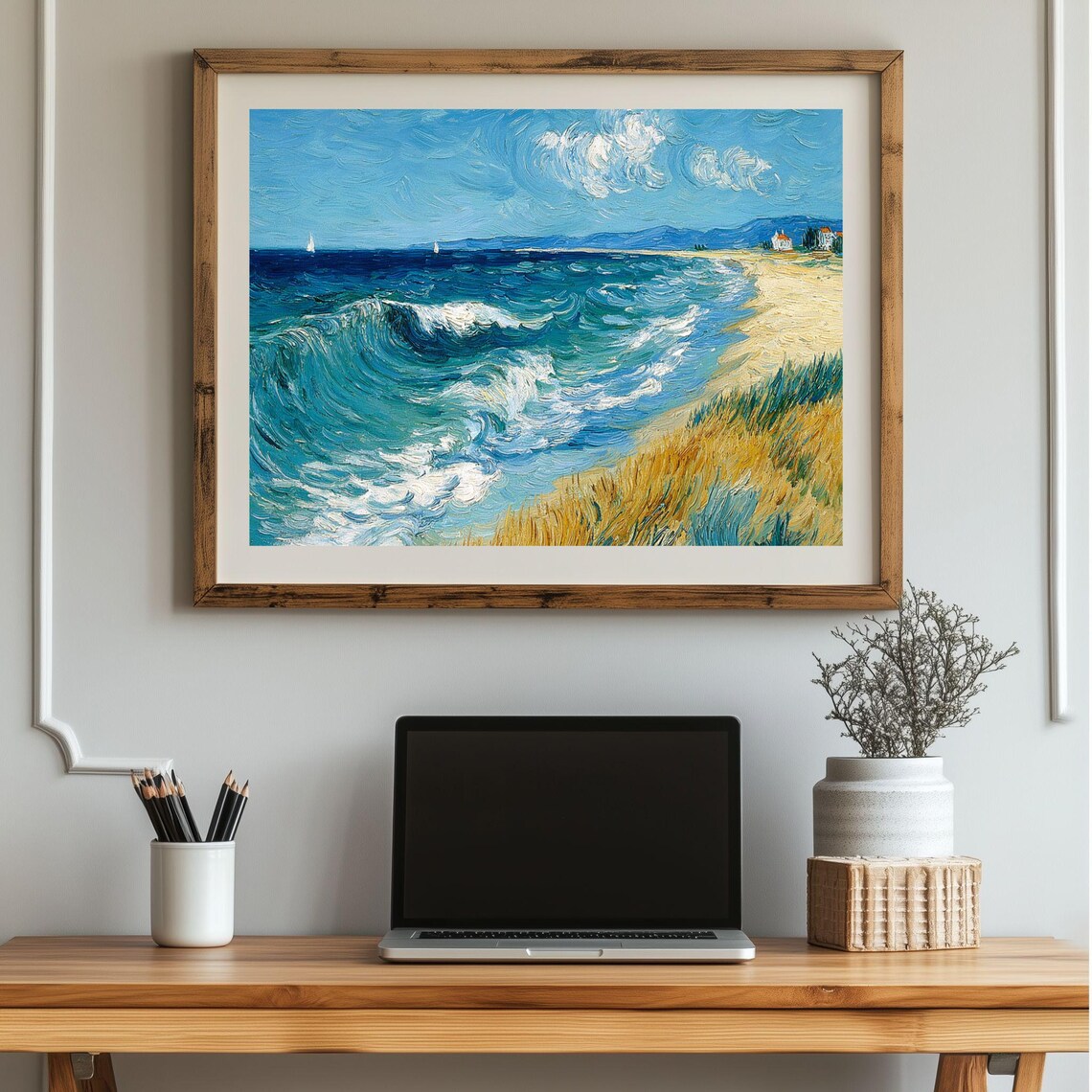 Turquoise Ocean Waves Golden Beach Coastal Impasto Oil Art Print