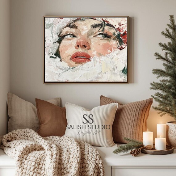 Textured Painterly Woman Portrait Red Lips Winter Muse Poster