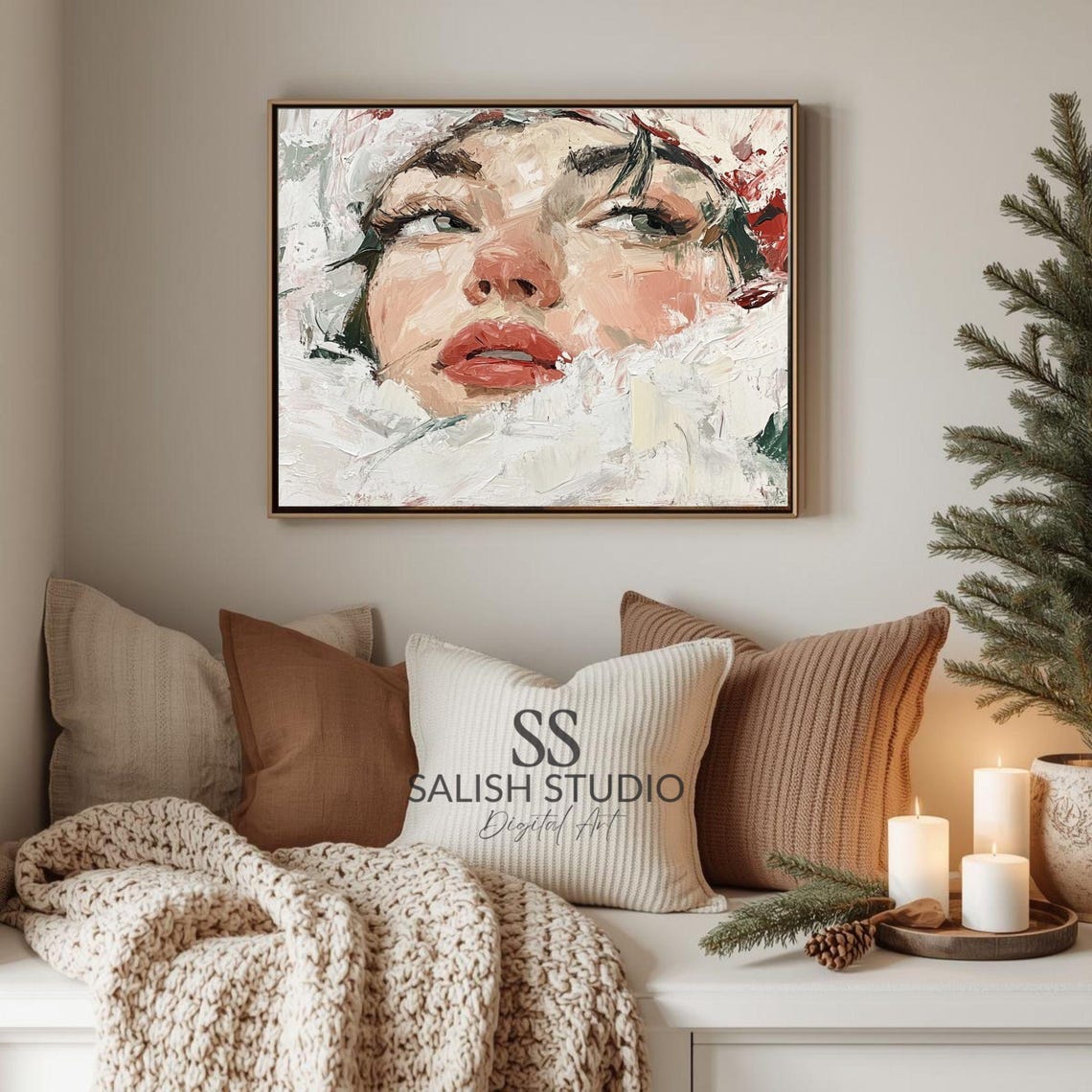 Textured Painterly Woman Portrait Red Lips Winter Muse Poster