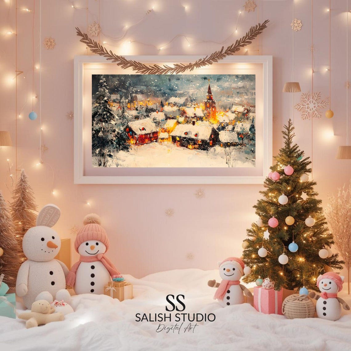 Charming Snowy Christmas Village Night Painting Holiday Poster