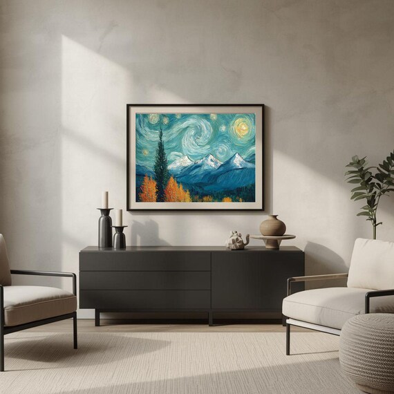 Starry Night Sky Mountain Landscape Print Vintage Wall Art