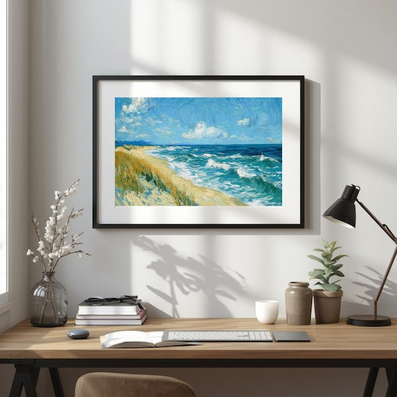 Sandy Beach Dunes Rolling Waves Ocean Coastal Scene Art Poster