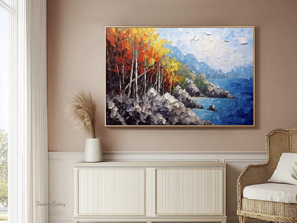 Autumn Birch Forest On Rocky Coastline With Blue Sea Wall Art - Image 4