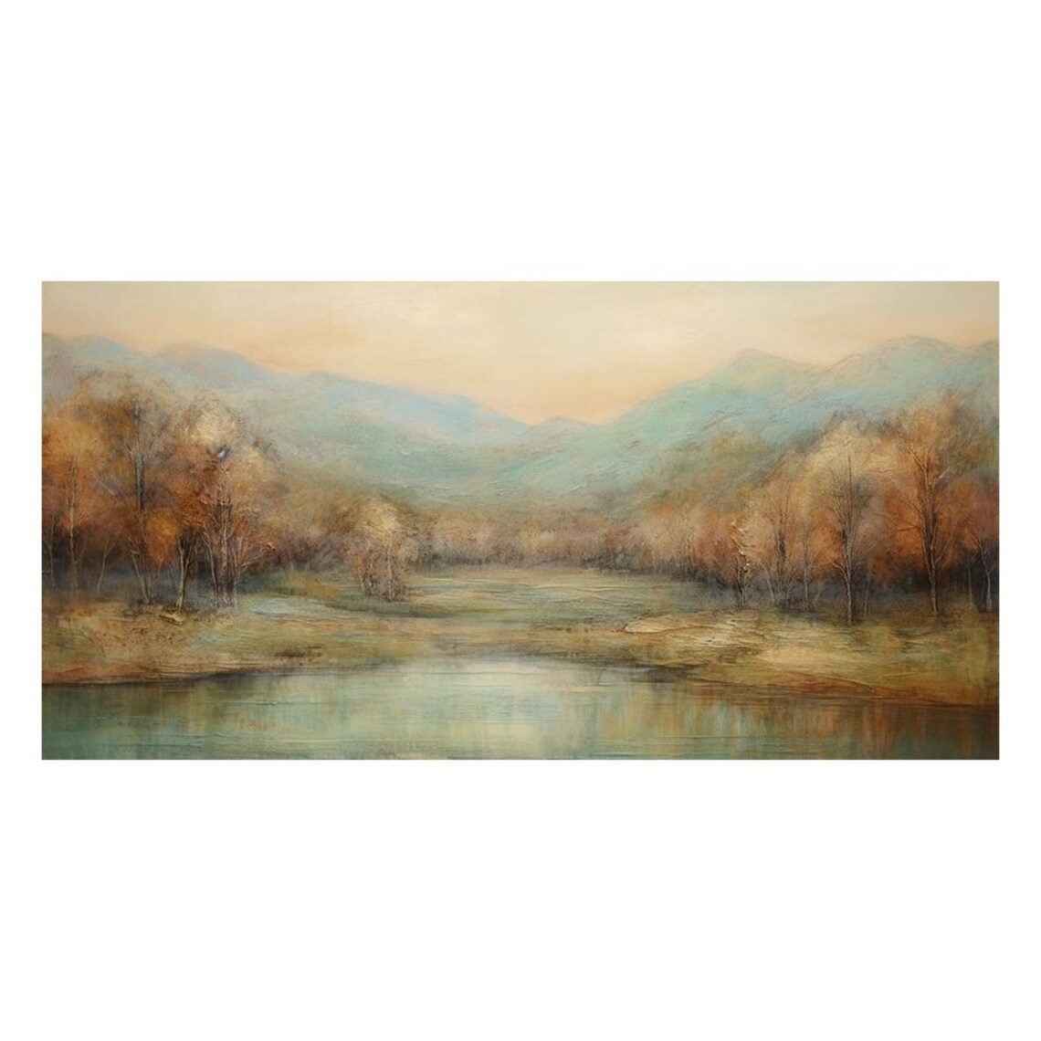 Misty Mountain Lake Dawn Tranquil Minimalist Oil Painting Wall Art - Image 3