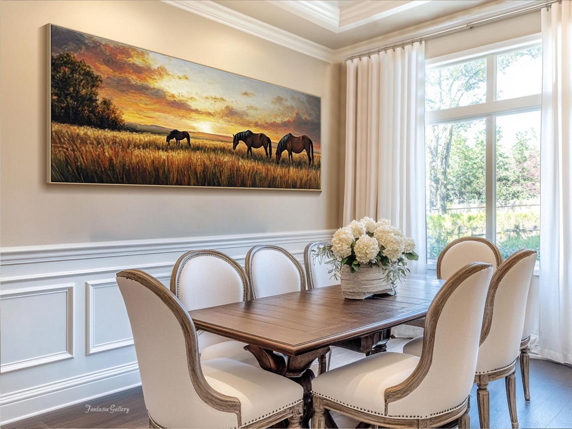 Large Golden Sunset Wall Art Landscape Painting Abstract Horse Oil Painting On Textured Wall Art Horse Wall Decor Livingroom Wall Art - Image 3