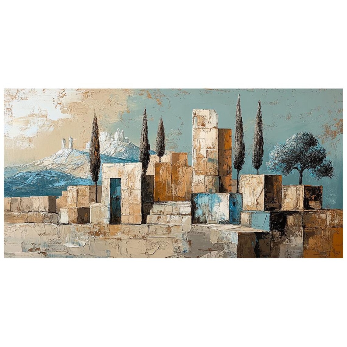 Abstract Tuscan Stone Village With Cypress Textured Wall Art Print - Image 4