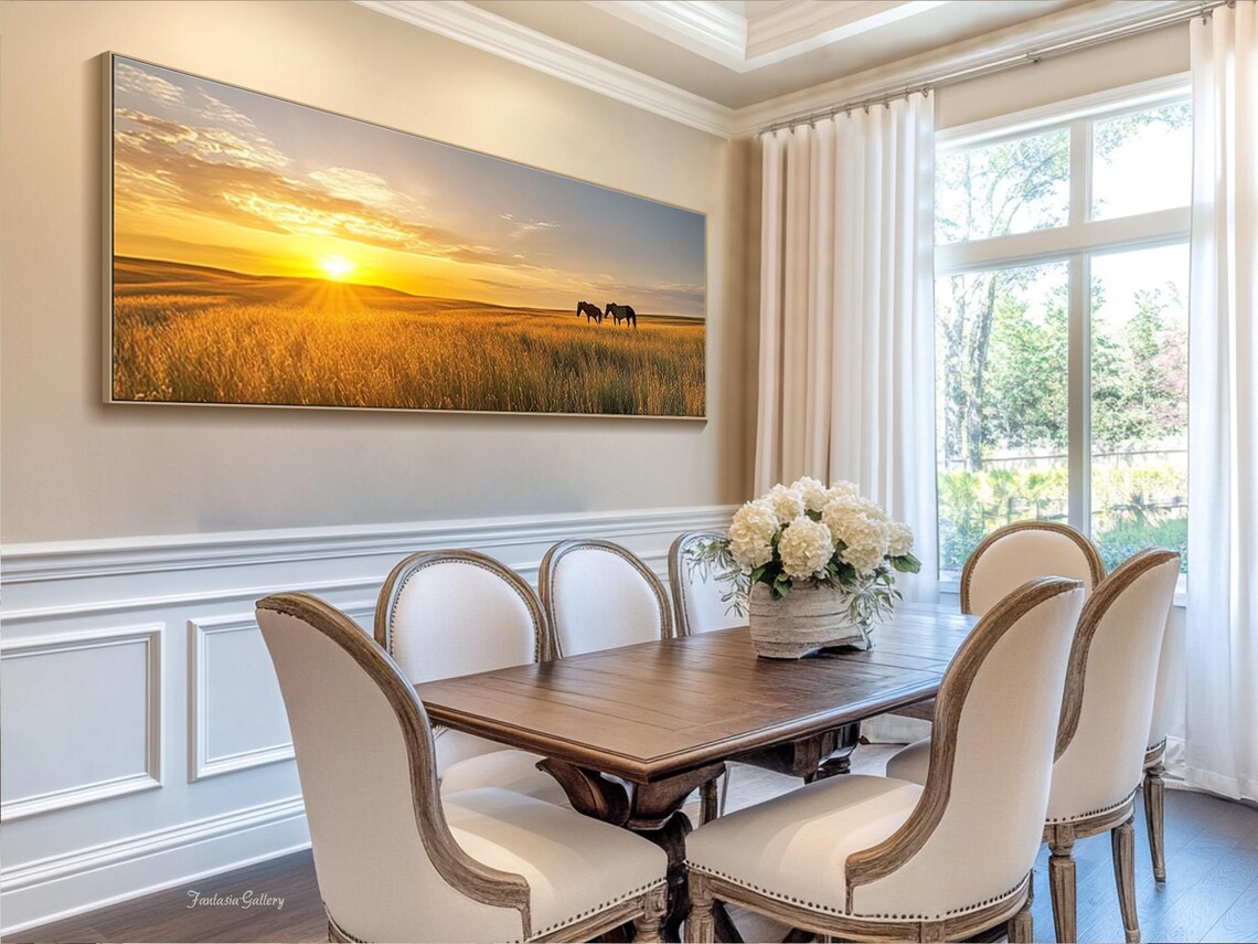Golden Sunset Horses in Wheat Field Panoramic Landscape Oil Painting - Image 3