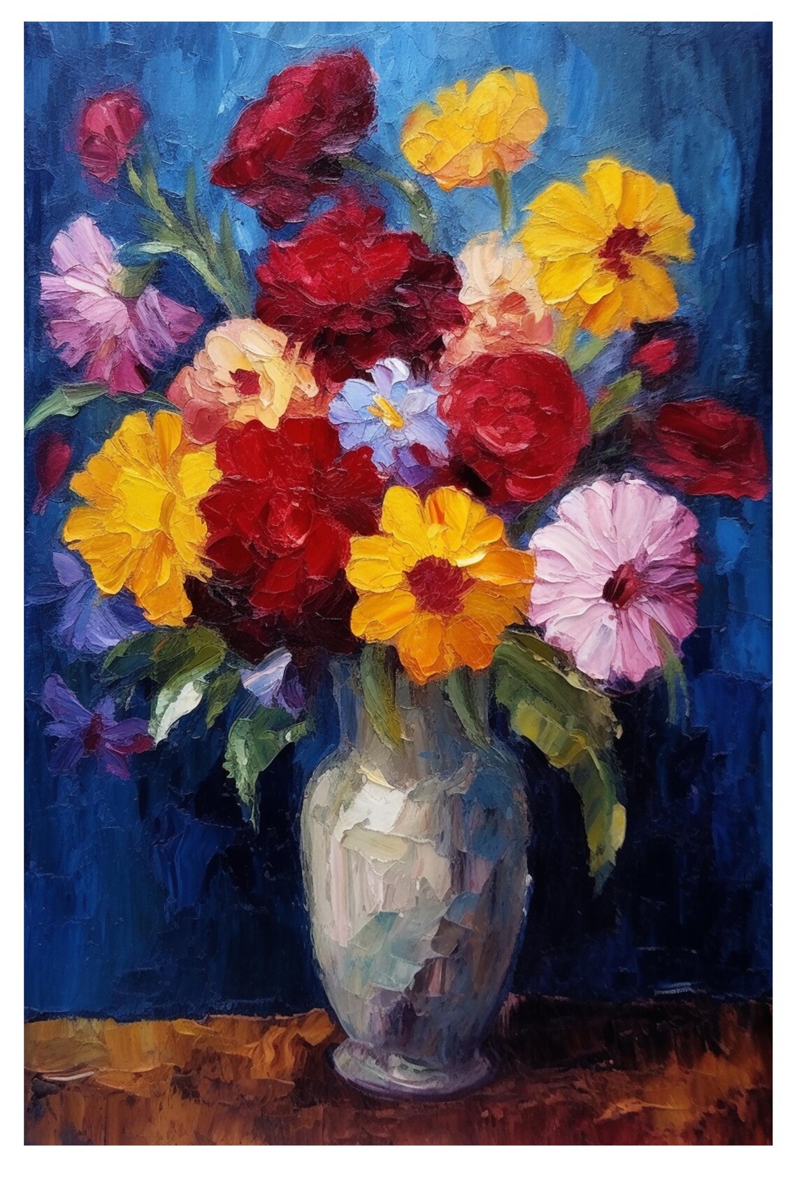 Bold Colorful Floral Bouquet In Vase On Deep Blue Background Print - Image 4