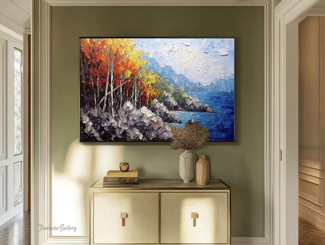 Autumn Birch Forest On Rocky Coastline With Blue Sea Wall Art - Image 2