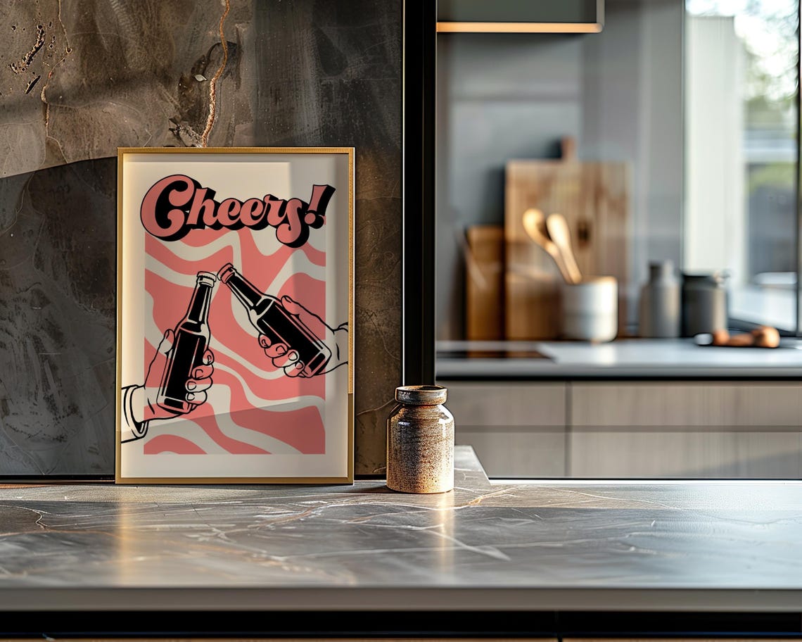 Cheers Beer Bottles Clinking Pink Retro Kitchen Bar Art Poster - Image 6