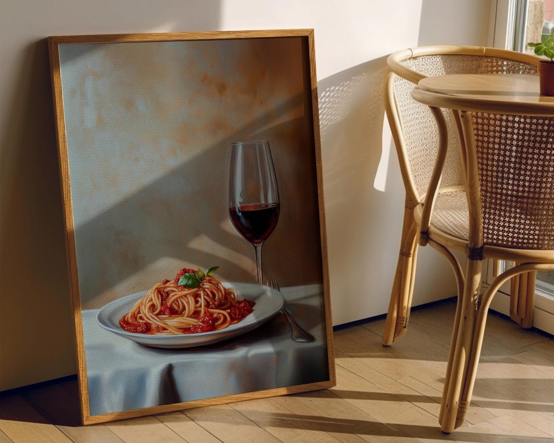 Spaghetti Marinara Red Wine Still Life Oil Painting Kitchen Poster - Image 4
