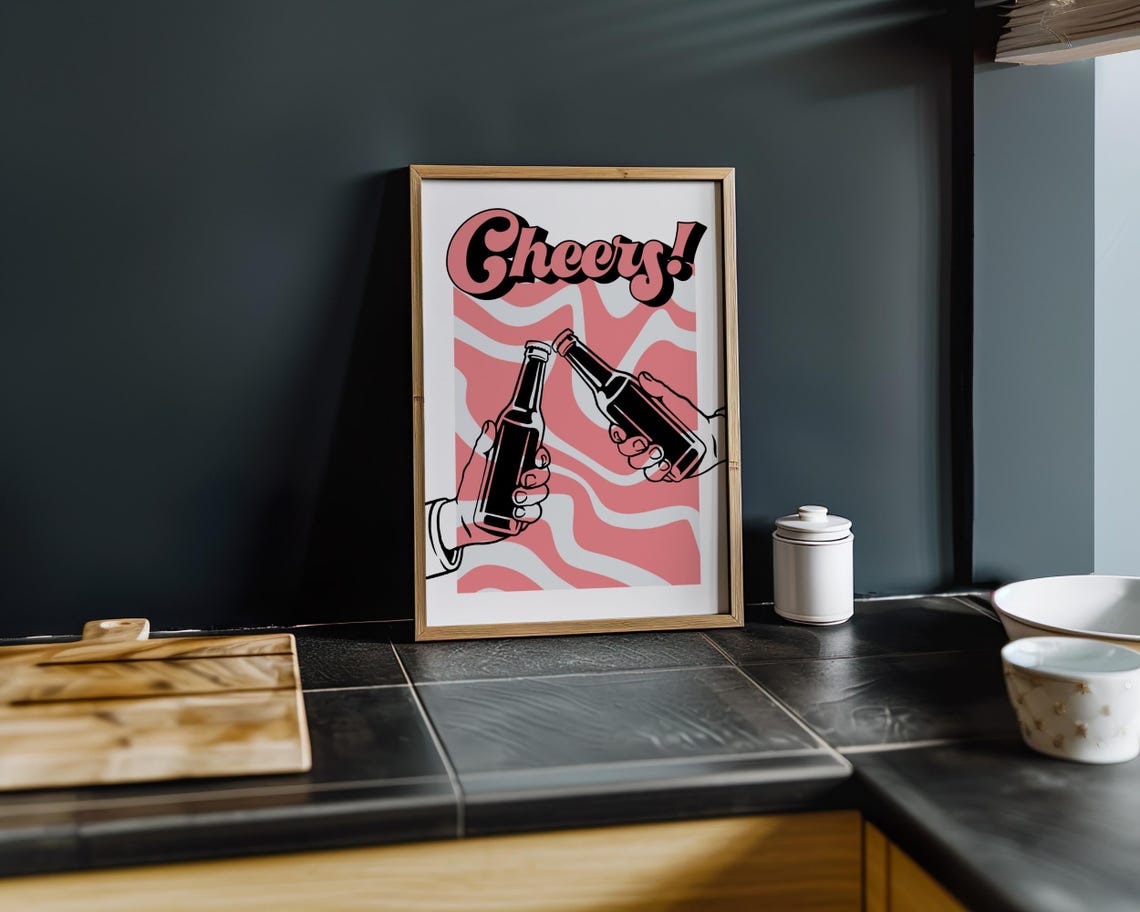 Cheers Beer Bottles Clinking Pink Retro Kitchen Bar Art Poster - Image 8